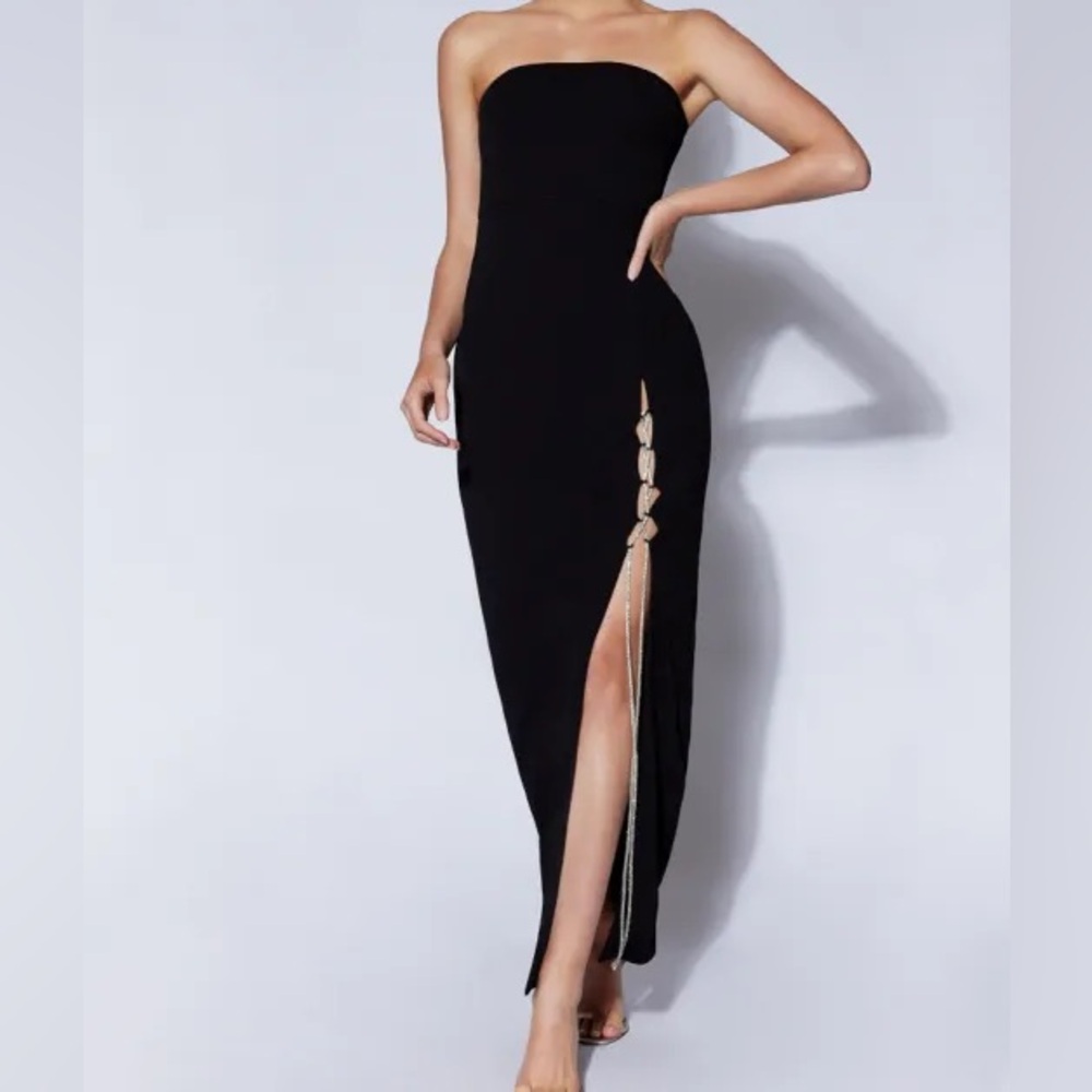 Meshki Black Strapless Dress with Rhinestone Slit Accent